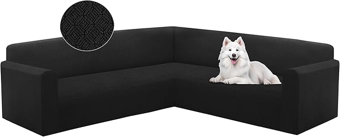 HDCAXKJ Sectional Couch Cover L Shape Stretch Sofa Covers Washable Jacquard Corner Couch Slipcover Non Slip Sectional Slip Cover U Shaped Furniture Protector for Pets Dogs (Black, Large)