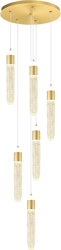 6-Light Gold Modern Crystal Raindrop Chandelier for Dining Room Entrance Long Crystal Bubble Column Chandelier for High Ceiling Lighting Fixtures LED Lampara, 3000k-6000K
