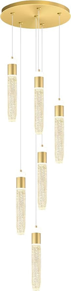 6-Light Gold Modern Crystal Raindrop Chandelier for Dining Room Entrance Long Crystal Bubble Column Chandelier for High Ceiling Lighting Fixtures LED Lampara, 3000k-6000K