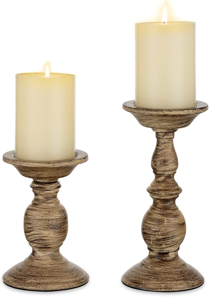 Sziqiqi Vintage Pillar Candle Holders Distressed Metal Candleholder, Shabby Chic Candle Stand Candlestick Holder Decorative Table Centerpiece Fireplace Decor Set of 2
