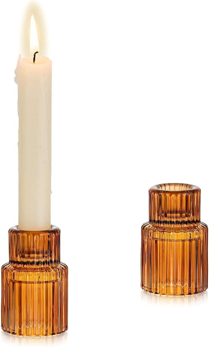 Glasseam Glass Tapered Candlestick Holders: Amber Taper Candle Holders Set of 2 Ribbed Small Candle Stick Holder for Table Centerpiece Fall for Christmas Party Halloween Thanksgiving Decor