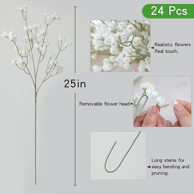 mizii 24 Pcs Babys Breath Artificial Flowers Bulk 25in Real Touch Faux Baby Breath White Flowers Fake Babies Breath Flower Decoration for Wedding Bouquet Flores Vase Tables Centerpieces Decor