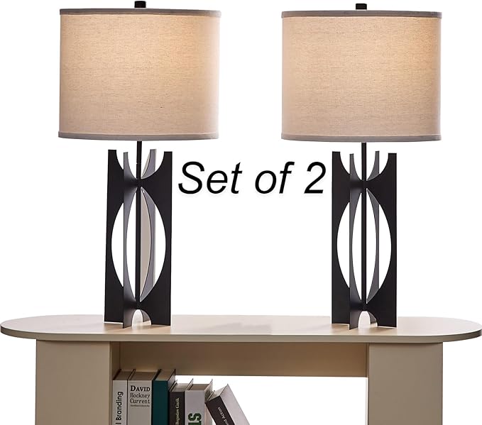Industrial Table Lamps Set of 2 Black 26” 3-Way Bedside Lamp with White Linen Shade Metal Nightstand Lamp for Living Room Bedroom Dining Room End Table(JC-5-2PK-BK)