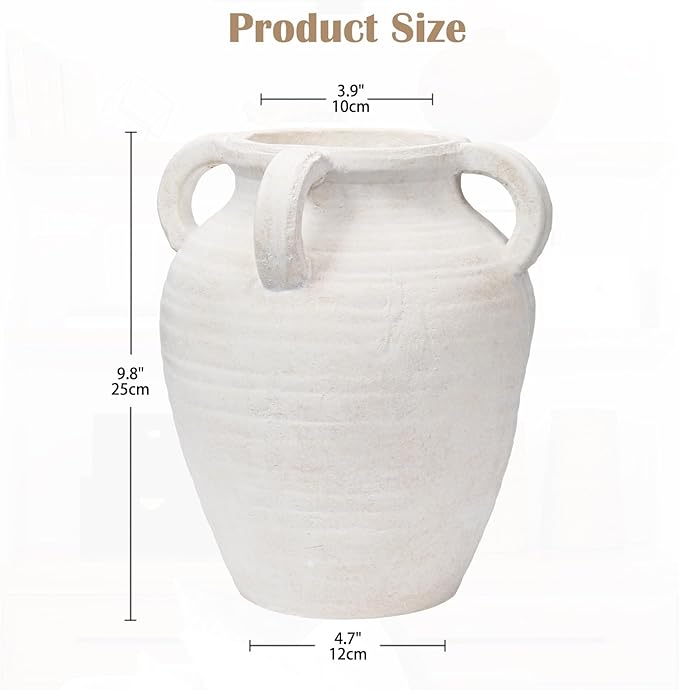 Handcrafted Flower Vase, 9.8" Tall Terracotta Vase, Vintage White Ceramic Vase, Rustic Antique Decor with 4 Handles, Wide Mouth, Matte Finish for Home Office Resto Café Décor