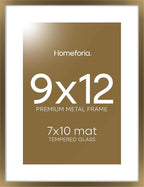 Homeforia 9x12 Frame Bronze, High End Metal 9 x 12 Brass Picture Frames with Mat 7 by 10 inch Photo, 9by12 Poster Frame Matted to 7x10, 12x9 Wall or Tabletop Frames, Tempered Glass, Wall Kit, Set of 1