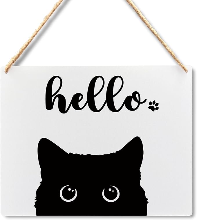 Lacosu Wall Pediments Cat Welcome Sign,Hello Sign,Cat Hanging Welcome Sign for Front Door,Cat Decor,Cat Gifts,Cat Gifts for Cat Owners,10x8 Inches