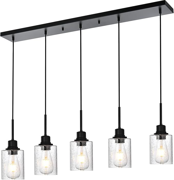 Black Chandelier 5 Light Dining Room Lighting Fixtures Hanging Linear Pendant Lights Industrial Modern Chandelier with Seeded Glass for Kitchen Island Living Room Bedroom Foyer Hall Entryway