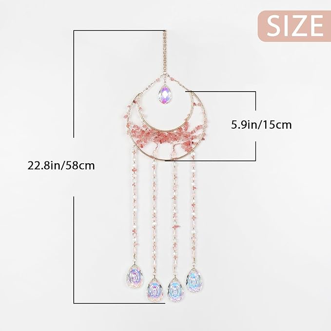Pink Gemstone Large Moon Dream Catcher Chakra Tree of Life Dream Catcher with Crystals and Prismatic Glass Pendant Handmade Dreamcatcher Suncatcher Wall Decor for Adults Bedroom Garden Bless Gift