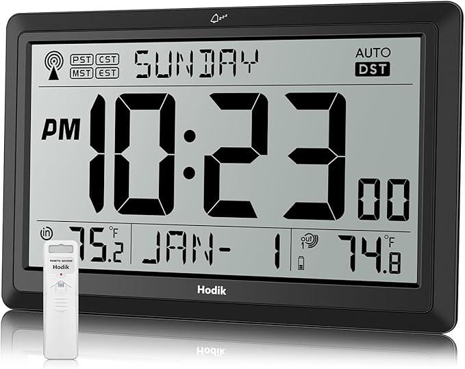 Wall Clock Atomic with Indoor Outdoor Temperature Battery Powered, Easy Reading with 10.5 Inch Large LCD Display, 330FT Range Table Wall Clock with DST, 12/24 Hour for Living Room Kitchen (Black)