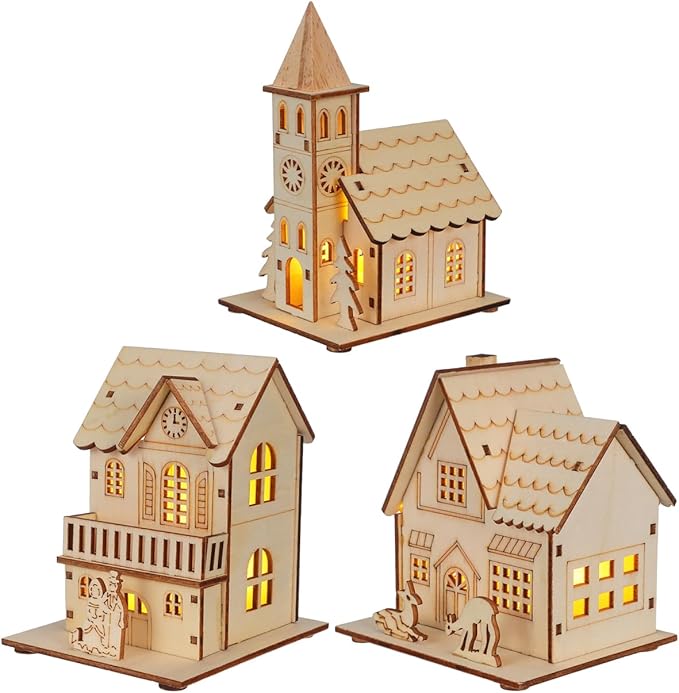 BESPORTBLE Wooden Christmas Village Houses Set of 3 - LED Light Up Mini Houses for Holiday Decor, 2025 New Rustic Farmhouse Christmas Decorations, Indoor Tabletop Decor for Home, Office, Mantel