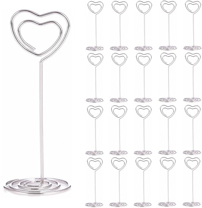 20PCS 3.35 Inch Table Number Stands - Place Card Holders for Wedding Centerpieces, Birthday Party, Photo Picture Frame Display (Heart Shaped-Silver)