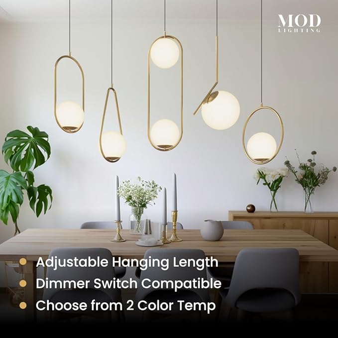 𝗠𝗢𝗗 𝗟𝗜𝗚𝗛𝗧𝗜𝗡𝗚 Jewels & Pearls | Modern Gold Pendant Light Fixtures, Hanging Globe Pendant Lights for Kitchen Island Lighting, Dimmable LED Bulb Included, 1 Pack (Gold | Warm White | L-Shape)