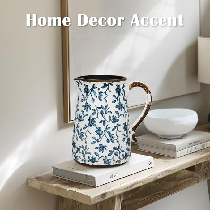 Ceramic Rustic Farmhouse Vase, 7.9" Blue and White Vase for Centerpieces Chinoiserie Vases Pottery Jug with Handle Chinoiserie French Country Decor Vintage Vases for Living Room Kitchen Dinner Table