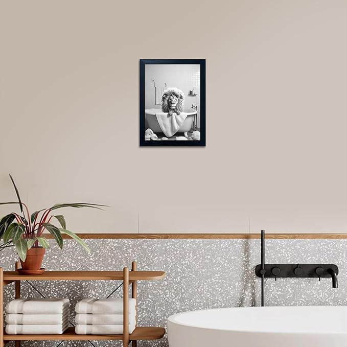 Black and White Lion Canvas Wall Art Bathroom Pictures Paintings for Wall Decor Funny Bathroom Wall Art Framed Animal Print Artwork
