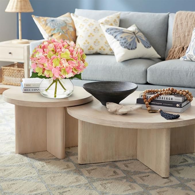 Hollyone Hydrangea Artificial Flowers with Glass Vase Pink-Green Silk Faux Flowers Arrangements in Vase with Faux Water Fake Floral Bulk Bouquet for Home Decor Table Centerpiece Decorations