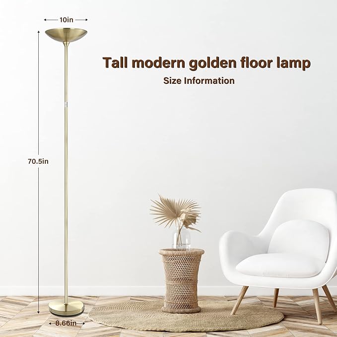 BoostArea Floor Lamp,Torchiere Standing Lamp,20W 2000LM LED Tall Floor Lamp,Stepless Dimmable,Touch Control,50000hrs Lifespan,Pale Floor Lamps for Living Room,Standing Lamps for Bedroom,Gold