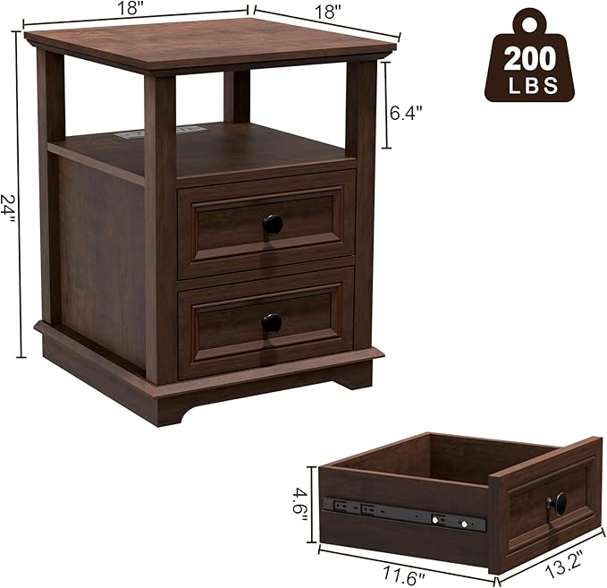 24" Tall End Table with Charging Station, Double 18W Fast Charge End Table, Large 18” Bedside Table with Drawers,Rustic Wood Storage Cabinet with Open Shelf for Bedroom,Cherry
