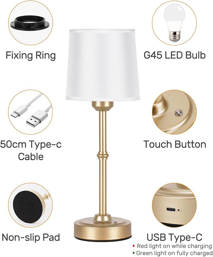 Gold LED Cordless Table Lamp Rechargeable-6000mAh Battery Operated Table Light,Wireless Lamps for Living Room Restaurant/Patio/Home/Dining/Dinner/Bedside/Nightstand/Desk lamp-Touch Control