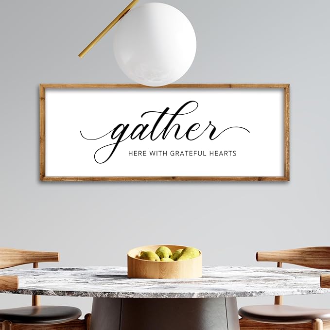 ZZJJHYWGQ Gather Here With Grateful Hearts Sign Rustic Farmhouse Wall Art 32"×12" For Dining Room kitchen Family Gathering Thanksgiving Decor Minimalist Large Wooden Framed Hanging Art (Wood)