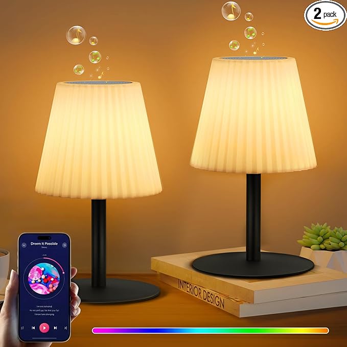 Set of 2 Shower Lamp with Dual Pairing Speaker, IP44 Water-Resistant Outdoor Lamp, Rechargeable Cordless Table Lamp with Speaker & RGB, Suitable for Inside Shower Bathroom Patio Garden