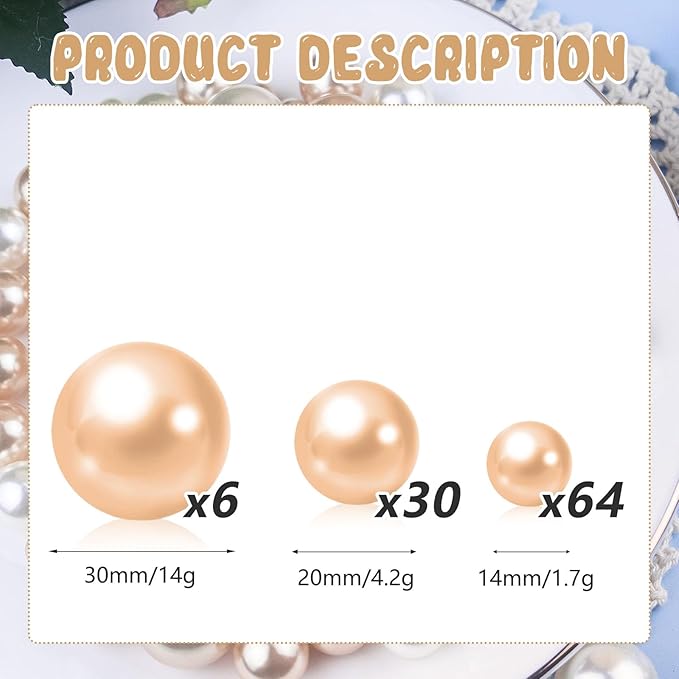 100PCS Champagne Faux Pearls Beads for Centerpiece Vases, Vase Filler Faux Pearls, No Holes Filler Beads for Party Anniversary Birthday Wedding Table Decor, 14/20/30mm