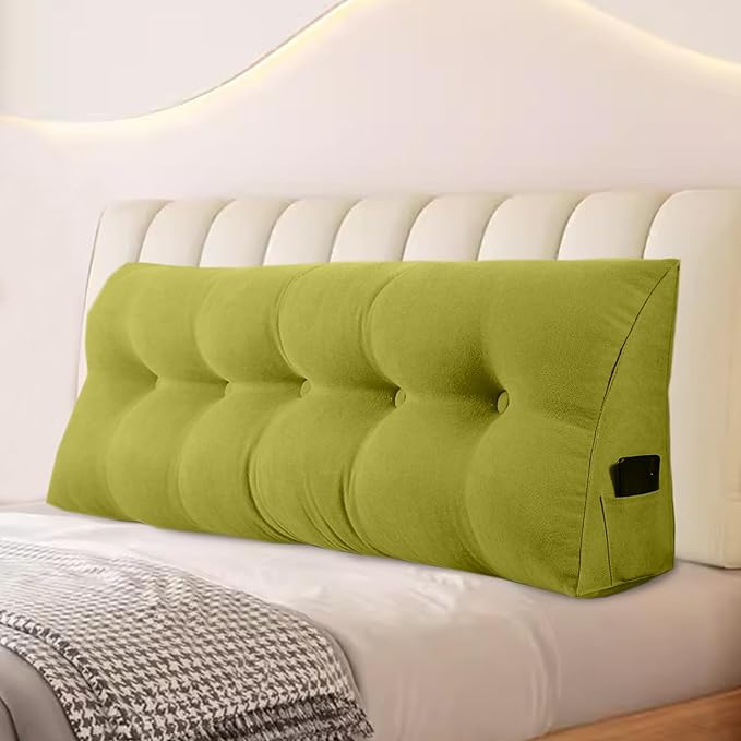 Large Triangular Headboard Pillows Long Backrest Positioning Support Bolster Cushion for Daybed Fluffy Quality Plush Body Wedge Pillow with Removable Cover(Yellow Green-Queen-59x8x20in)