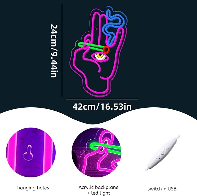 WLHOPE Evil Eye Hand Neon Sign for Wall Decor Pink Blue Led Lights Hamsa Light Signs USB Connectivity Eye Neon Light Signs for Bedroom Game Room Home Bar Pub Cafes Party Gift