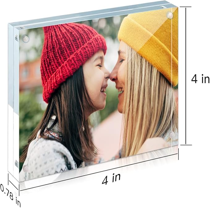 ILYXY 2 Pack Acrylic Frame 4x4, 20% Thicker, 20mm Thick Frameless Clear Picture Frame, Double Sided Magnetic Photo Frame, Free Standing Desktop Display Stand Acrylic Picture Frames