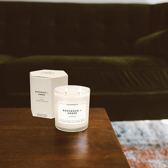 Calyan Wax Co. 2 Wick Candle, Rosewood + Amber Scented Candle, 37 Hour Burn Time, Aromatherapy Soy Candles, Non Toxic & Vegan Soy Wax, Glass Tumbler Scented Candles, 12.5oz