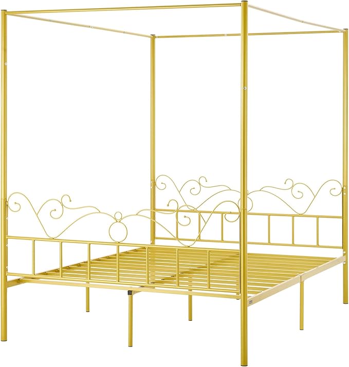 VEVOR Canopy Bed Frame Queen Size, Metal Canopy Bed with Minimalist Headboard & Four Posters Design, Heavy Duty Steel Slats Support, Underbed Storage Space, No Box Spring Needed, Easy Assembly, Gold