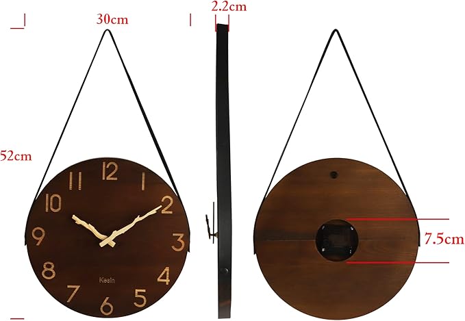 Kesin Wall Clock 12 Inch Silent Wooden Wall Clock Battery Operated Hand Made Retro Fashion Clock with Rope Hanging Decorative for Living Room Kitchen Bedroom Office