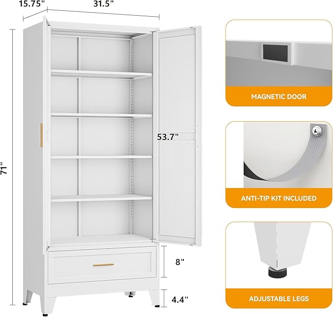 71 "Farmhouse Metal Filing Cabinet with a Drawer and 4 Adjustable Shelves, with 2 Large barn Door White Kitchen Cabinets, Metal Food Cabinets for Home, Kitchen, Dining/Living Room (White)