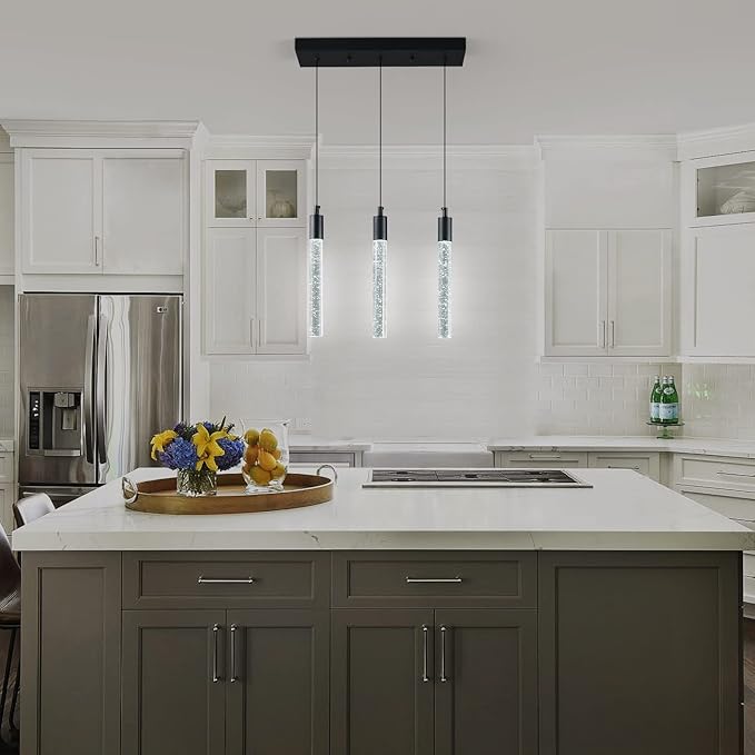 Kitchen Island Lighting Modern Light Fixture Black Pendant Light Dimmable LED Black Finish Mini Crystal Pendant Lights for Dining Room Living Room（3-Light ）