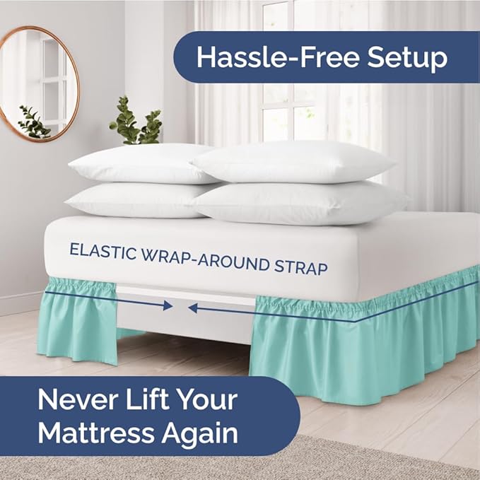 Wrap Around Dust Ruffle Bed Skirt - Spa Blue - for Queen Size Beds with 12 Inch Drop - Elastic Strap - Adjustable Pleated Bedskirt with Brushed Fabric and Wrinkle Free - for Women, Men, Kids & Teens