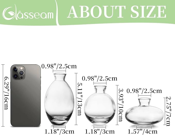 Glasseam Clear Glass Bud Vase, 3Pcs/Set Modern Decorative Small Mini Flowers Vases Short Minimalist Aesthetic Home Decor Vintage Cute Handmade Tiny Wedding Table Centerpieces for Single Flower Rose