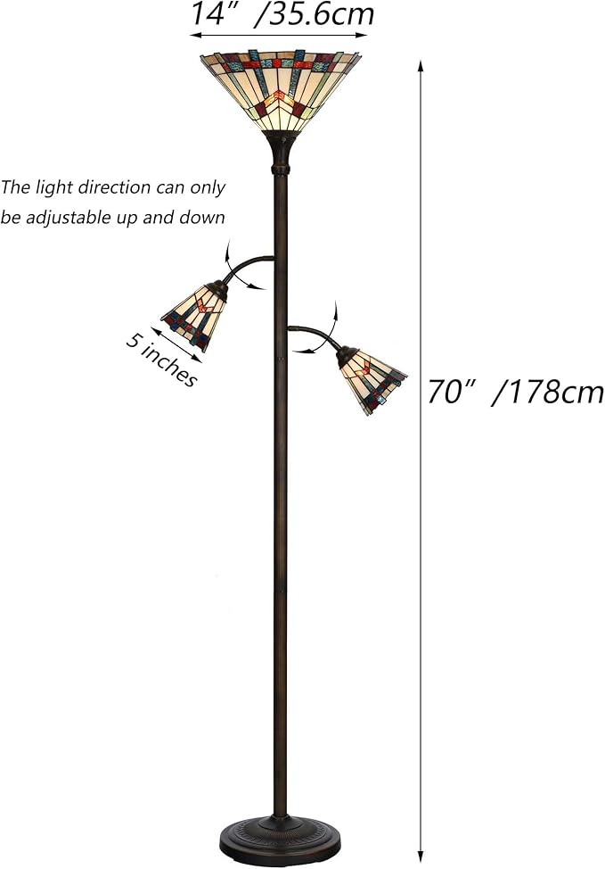 Bieye L10812 Mission Tiffany Style Stained Glass Floor Lamp for Reading Working Decorating, 3-Lights, 70 inches Tall