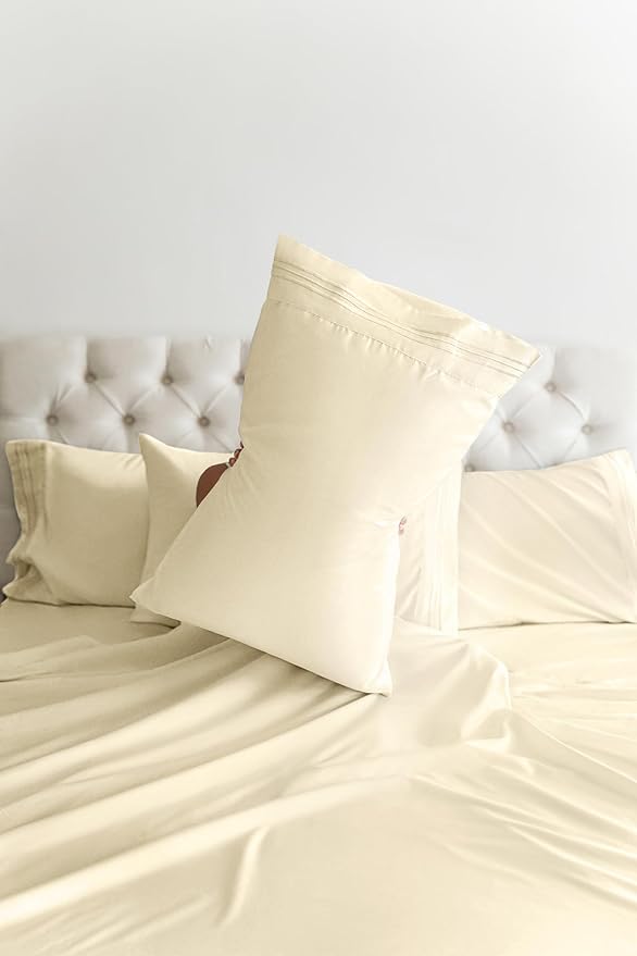 Cal King Sheets Set 6 Piece - Includes 4 Pillowcases - Bed Sheets Cal King Size - Soft Hotel Luxury Bedding - Cooling, Comfy & Breathable - 1 Flat, 1 Fitted & 4 Pillowcases w/ Deep Pockets - Off White