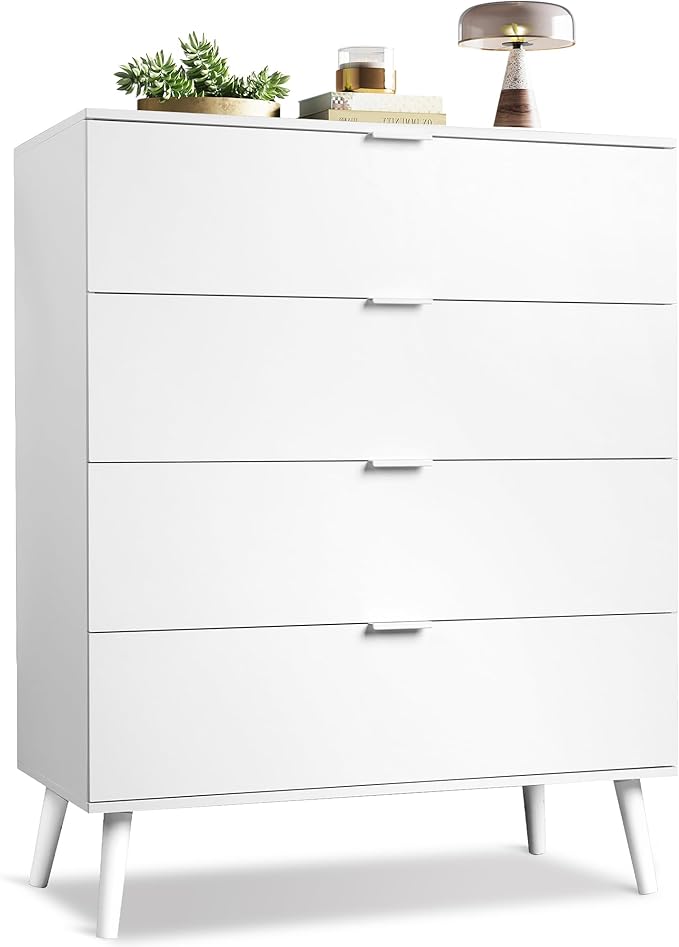 WLIVE 4 Drawer Dresser for Bedroom, White Tall Dresser, Modern Wood Dressers with Sturdy Metal Handle, Small Chest of Drawers for Living Room, Hallway
