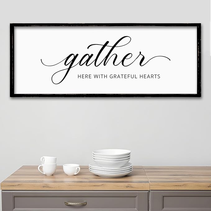 ZZJJHYWGQ Gather Here With Grateful Hearts Sign Rustic Farmhouse Wall Art 32"×12" For Dining Room kitchen Family Gathering Thanksgiving Decor Minimalist Large Wooden Framed Hanging Art (Black)