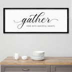 ZZJJHYWGQ Gather Here With Grateful Hearts Sign Rustic Farmhouse Wall Art 32"×12" For Dining Room kitchen Family Gathering Thanksgiving Decor Minimalist Large Wooden Framed Hanging Art (Black)