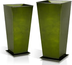 WORTH Garden Large Metal Glazed Planter Set of 2 (25" + 28"), Luxurious Glossy Finish Green Tall Square Tapered Steel Plant Pot, Decor Flower Pot Indoor & Outdoor, Drainage Hole & Dual-Purpose Saucer