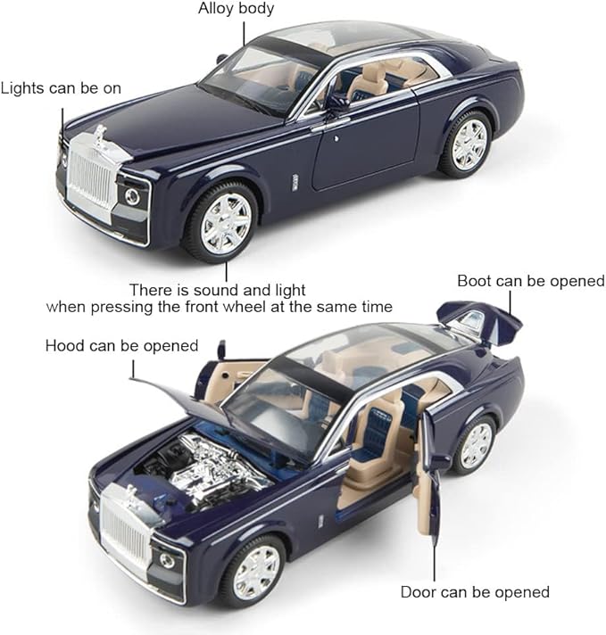 1/24 Rolls-Royce Sweptail Toy Car Alloy Diecast Collectible Model Car for Kids Gift, Pull Back Toy Car with Sound and Light, Classic Double Door, Car Logo Can be Folded
