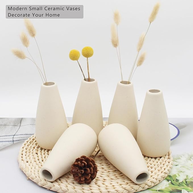 YANLING 6 Pack Modern Small Vase for Flowers, Light Yellow Ceramic Vases for Pampas Grass, Boho Vases for Home Decor Table Shelf Office Bedroom
