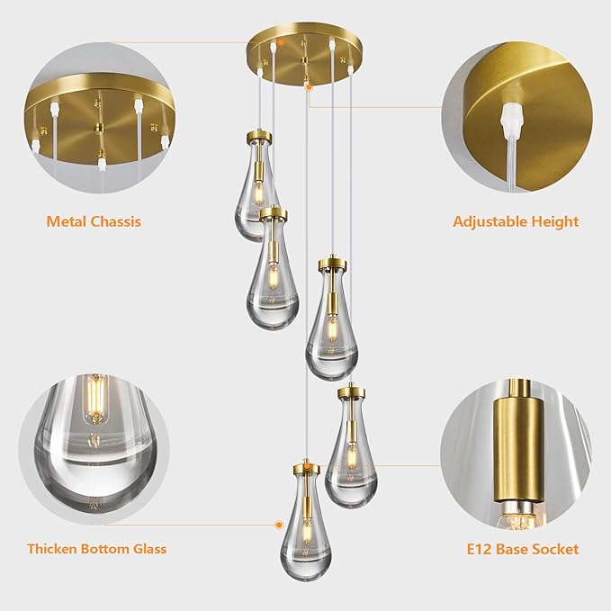 Raindrop Pendant Lights Kitchen Island Teardrop Gold Hanging Light Fixtures Clear Solid Glass Pendant Light Modern Chandeliers for Dining Room Porch Corridor Living Room(5-Light)