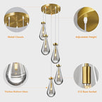 Raindrop Pendant Lights Kitchen Island Teardrop Gold Hanging Light Fixtures Clear Solid Glass Pendant Light Modern Chandeliers for Dining Room Porch Corridor Living Room(5-Light)