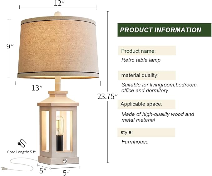 23.75" Retro Farmhouse USB C+A Ports Table Lamp Set of 2 with 3 Way Dimmable Touch Control White Nightlight Vintage Modern Lamp for Living Room Bedroom with 2 Light Sources
