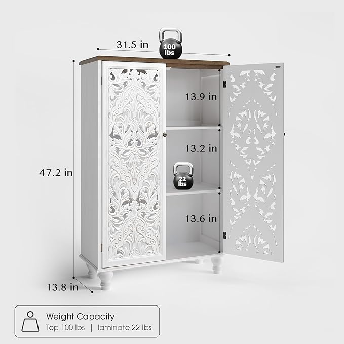 47" Tall Storage Cabinet with Doors and Shelves, Wood Accent Cabinet with Distressed Finish, Buffet & Sideboard for Living Room, Entryway, Dining Room, Bedroom, White