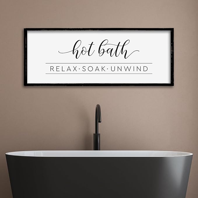 ZZJJHYWGQ Hot Bath Relax Soak Unwind Sign Bathroom Wall Decor 32"×12" Farmhouse Rustic Funny Bathroom Vintage Restroom Guest Large Wooden Framed Washroom Hanging Art (Black)