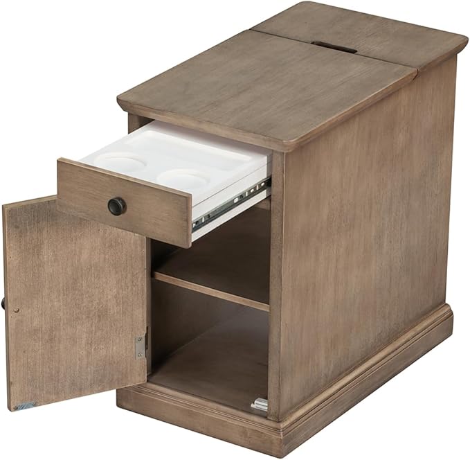 Traditional Wooden Narrow End Table with Charging Station, Modern Vintage Sofa Side Table Storage and Multifunctional Drawer, Antique Brown for Living Room, Bedroom, Office, No Assembly