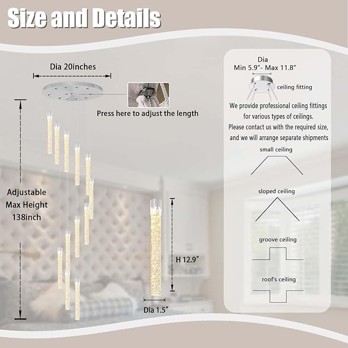 H138 High Ceiling Chandeliers for Foyer 12 Lights Crystal Bubble Column Chandelier for Living Room and Dining Room LED Pendant Lighting